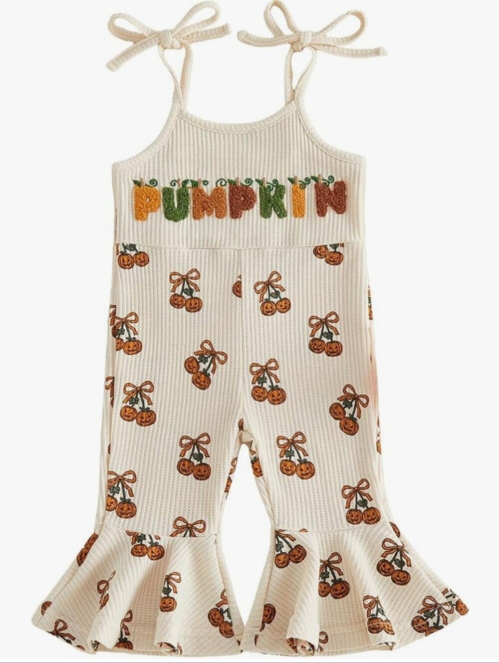 Pumpkin Print Cream Ruffle Kids Jumpsuit